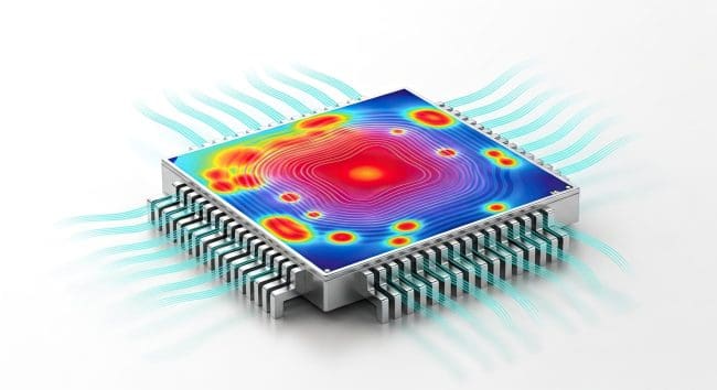 Microchip heat map, thermal imaging of CPU processor, cooling concept, electronic component Thermal heat map of processor for direct-to-chip liquid cooling technologies